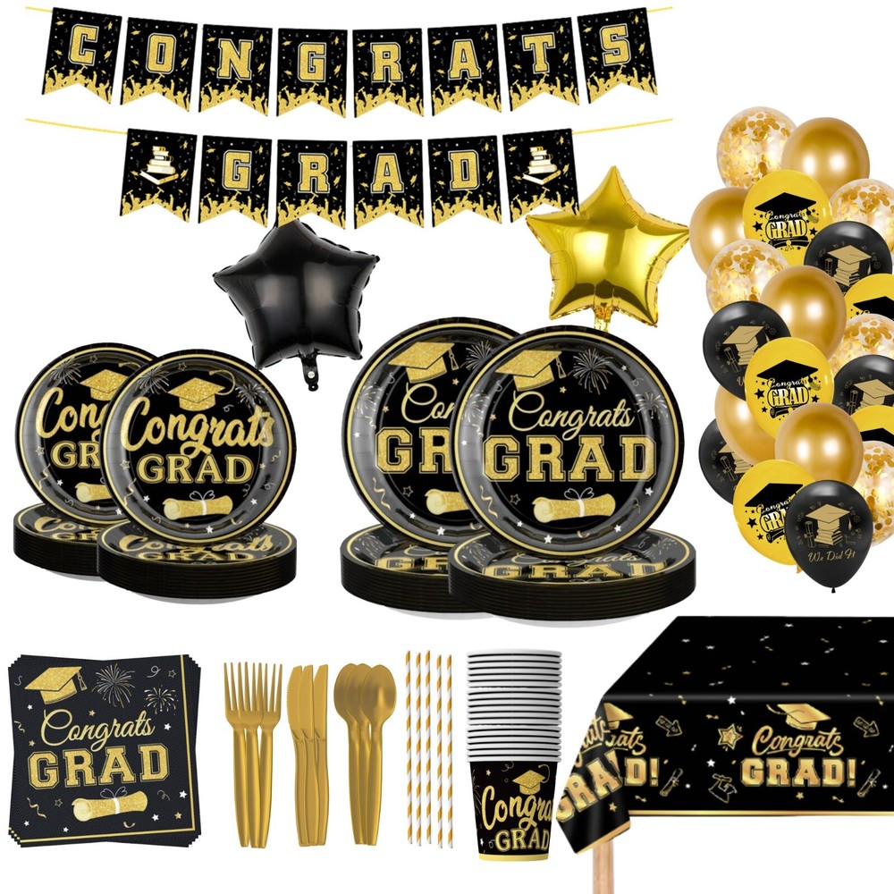 Gold and Black Themed 2025 Graduation Decorations Set 152PCS