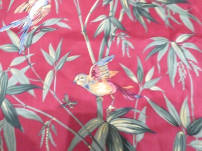 Stunning Pair Vintage Barkcloth Pattern Cotton Drapes w/ Tassels Birds on RED