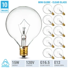 10 Pack Mini Globe Decorative Bulbs 120V 15W G16.5 Candelabra E12 Base Clear