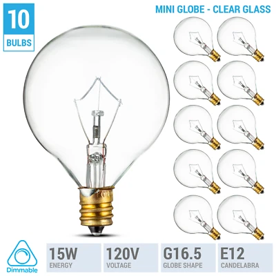 10 Pack Mini Globe Decorative Bulbs 120V 15W G16.5 Candelabra E12 Base Clear