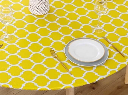 Moroccan Round Fitted Tablecloth Stretch Waterproof Elastic Vinyl Fit 36-44 Yel