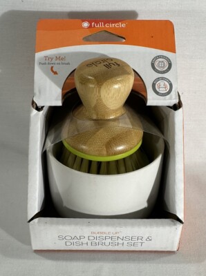 NEW Full Circle White/Green Bubble Up Soap Dispenser & Dish Brush Set