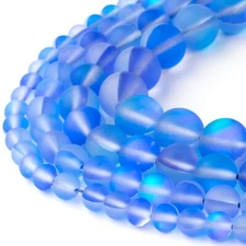 Matte Blue Mystic Aura Round Beads 15" Strand Frosted Mermaid Glass Moonstone