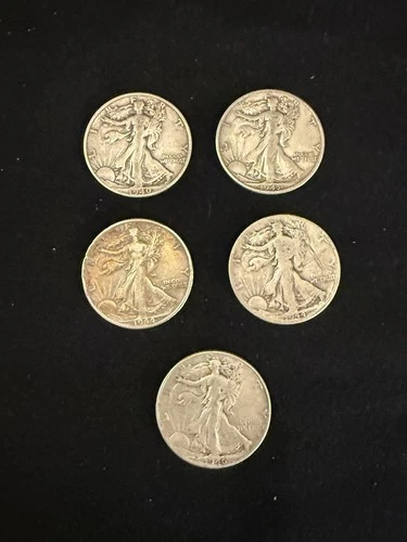 1940-1946 Walking liberty half dollar lot- 90% SILVER- 5 total