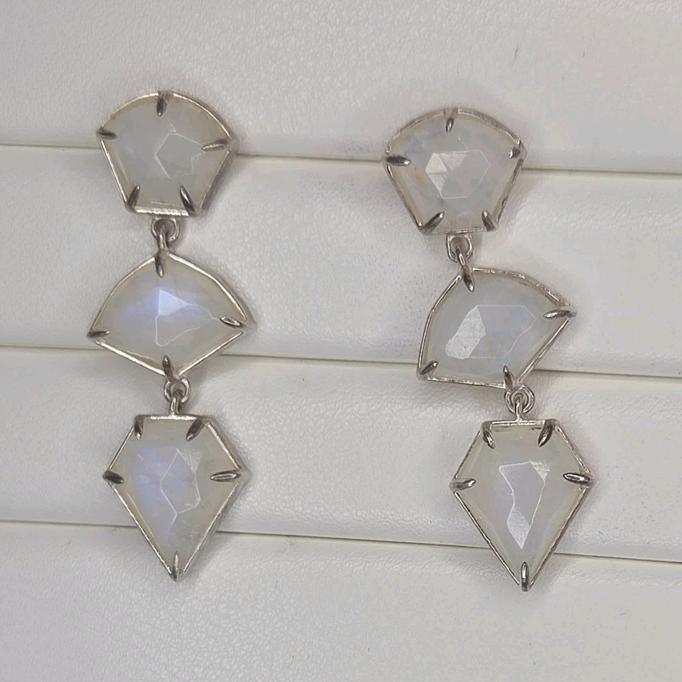 Silver Dangle Drop Earrings Geometric Shape Facet… - image 1