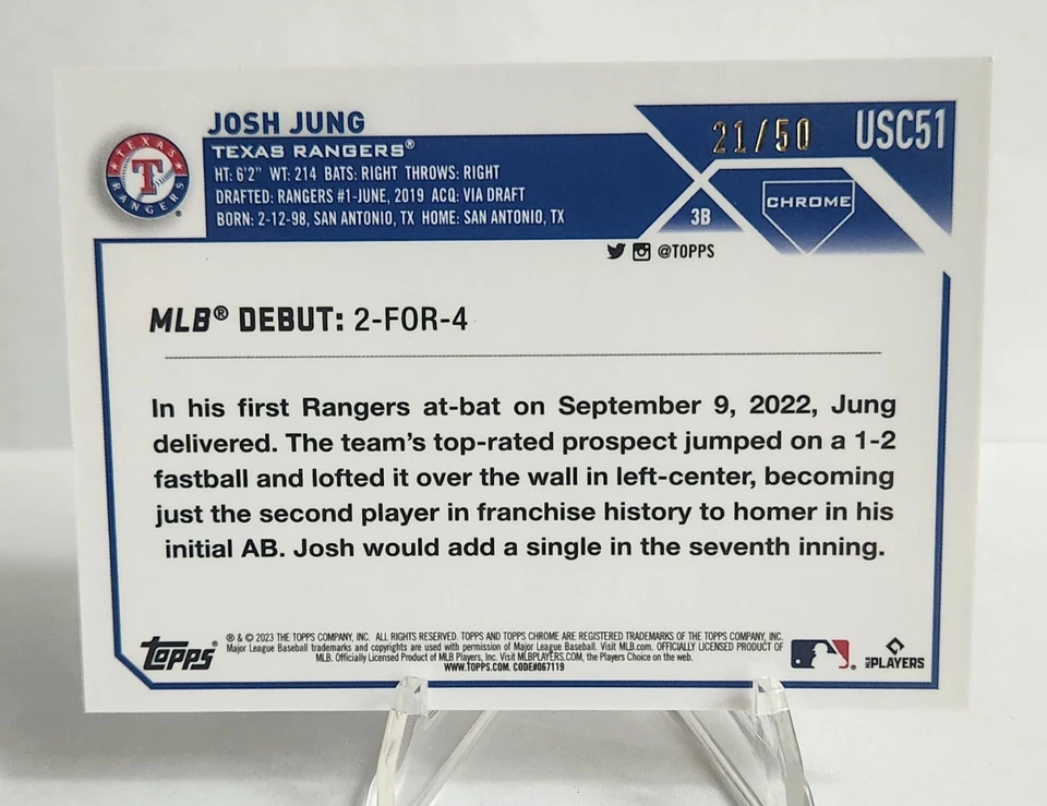 2023 Topps Chrome Update Josh Jung #USC51 Gold Mini-Diamond Refractor /50 (RC) - Image 2 of 2