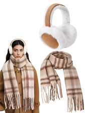 Vintage Scarf and Faux Fur Earmuffs Set for Women Winter Warm Plaid Shawl Cozy