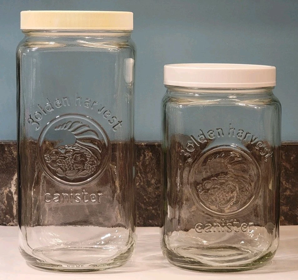 Vintage Golden Harvest Glass Canister Storage Jars w/ Screw Lids 9.25” & 7.25”