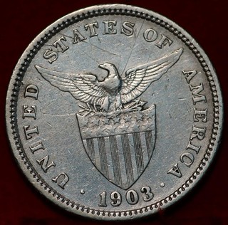 1903 Philippines 20 Centavos Silver Foreign Coin