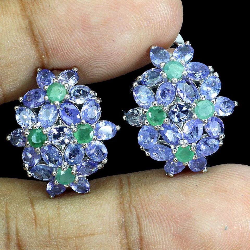 925 Sterlingsilber Ohrringe Oval Tanzanit Smaragd Natürlicher Edelstein Schmuck - Bild 2 von 4