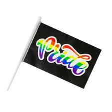 Pride Spell Out Rainbow Flag 12x18 Inch Black Flag Plastic Stick LGBTQIA BENT