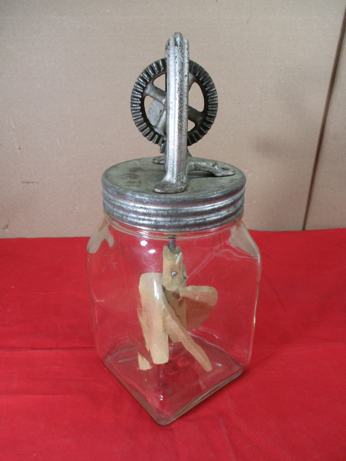 Antique 2 QT Glass Jar Butter Churn Mixer Metal Gears Wooden Paddles
