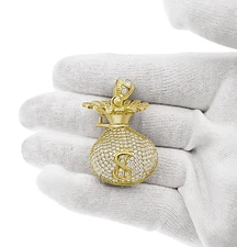 Money Bag Pendant Mens Charm 3D Dollar Sign 10k Yellow Gold 1.6 inch
