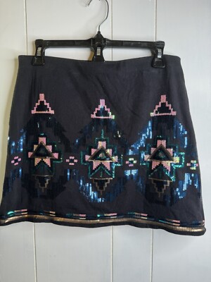 Bongo Juniors Black Sequin Tribal Aztec Pattern Knit Mini Skirt Size M New