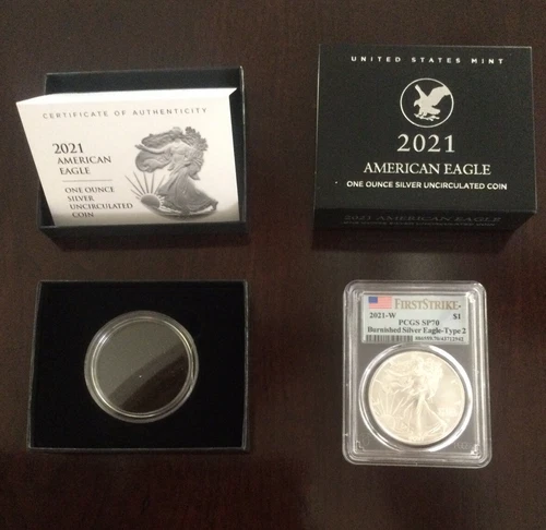 2021 W American Silver Eagle Burnished Type 2 - PCGS SP70 First Strike With OGP.