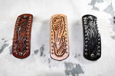 Western Womens Barrette 4.5 X 1.5 in Tooled Leather Studs Cowgirl Rodeo Black