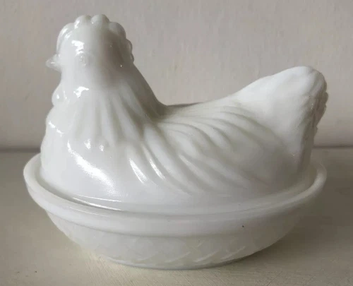 Vintage Hazel Atlas White Milk Glass Hen on Nest 4-1/2” Farm Trinket Candy Dish