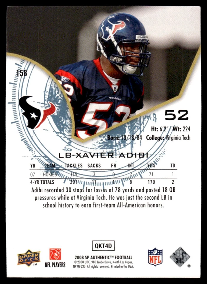 2008 SP Authentic Xavier Adibi Rookie 1180/1399 Houston Texans #158 R84 - Image 2 of 2