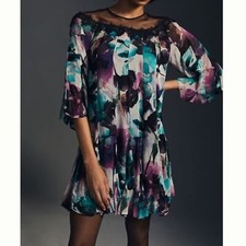 Anthropologie Floral Flutter Sleeve Dress Black Purple Lace Pleated Flowy Mini