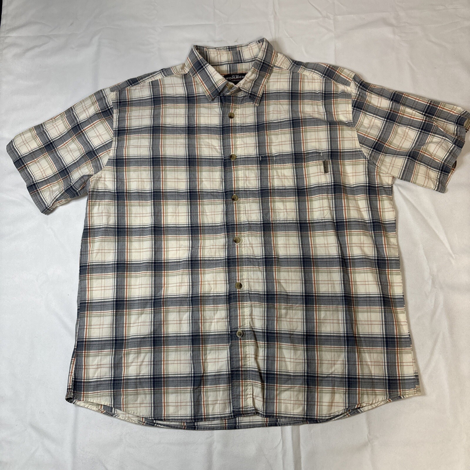 Woolrich Vented Fishing Shirt Mens XL Short Sleeve Button Pockets Blue Striped