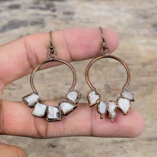 Rainbow Moonstone Rough Copper Electroformed Drop/Dangle Earrings 2.28" - Picture 3 of 6