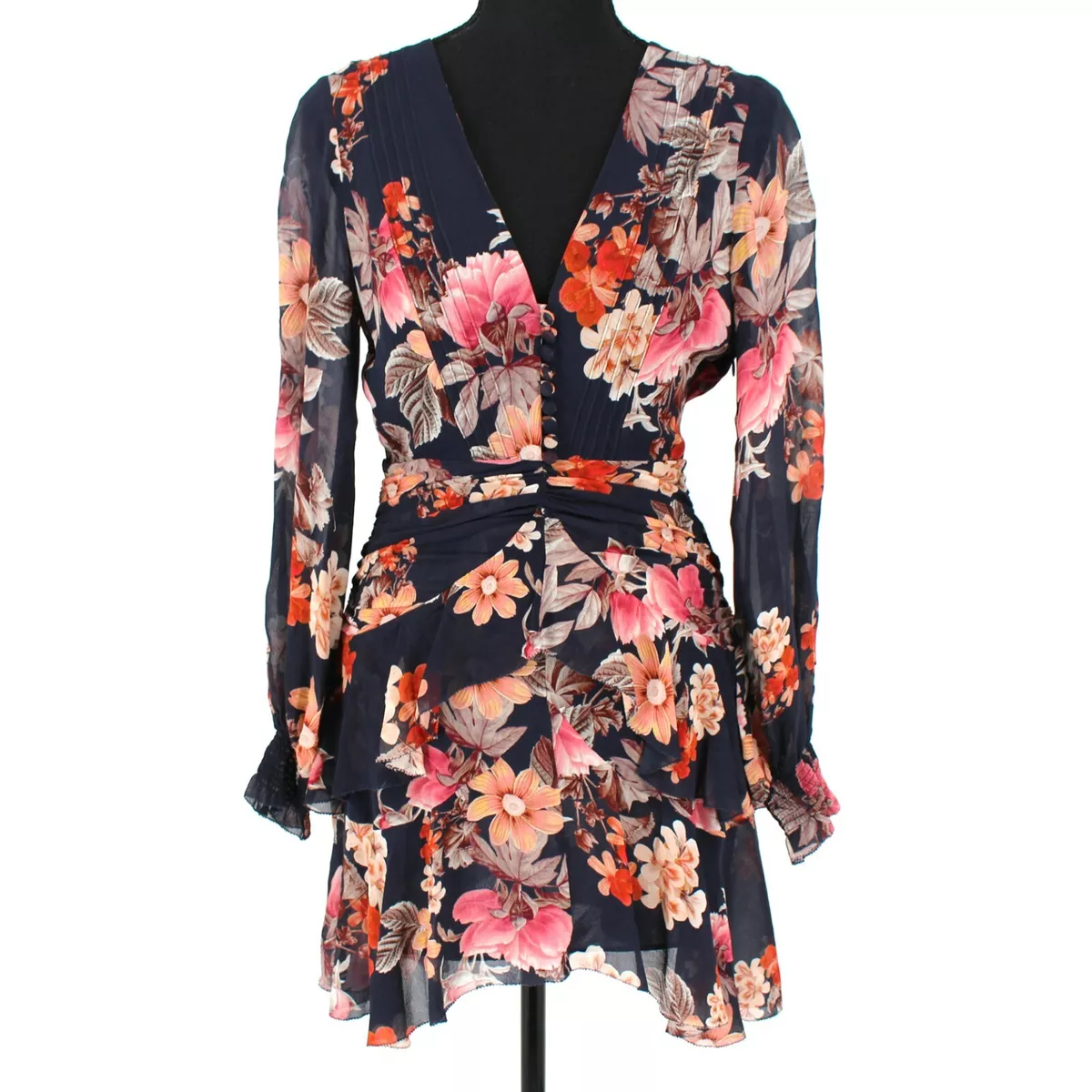 NICHOLAS Navy Blue Silk Pintuck Long Sleeve Floral Mini Dress