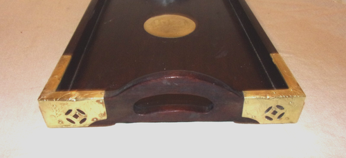 Solid Cherry Wood Serving Tray/Solid Brass Engraved Medallion & Cornices: Japan - Picture 5 of 14