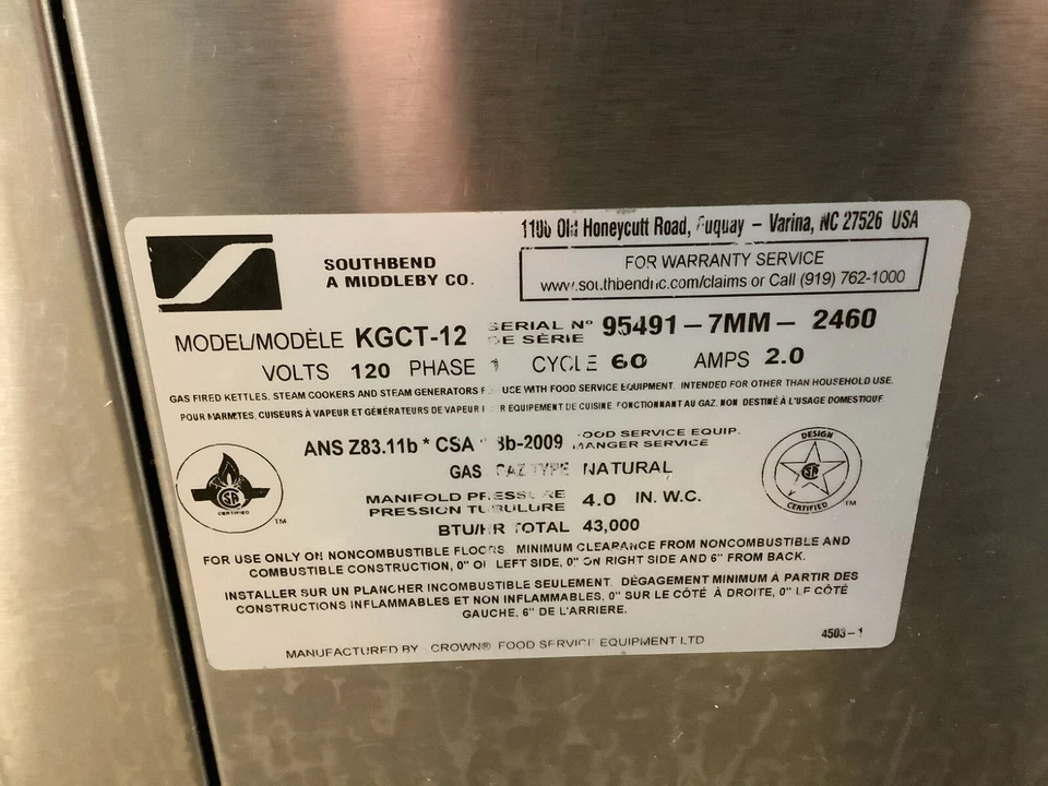 Hervidor basculante 12 gal Southbend KGCT-12 Nat. Gas probado Foto 3 de 4