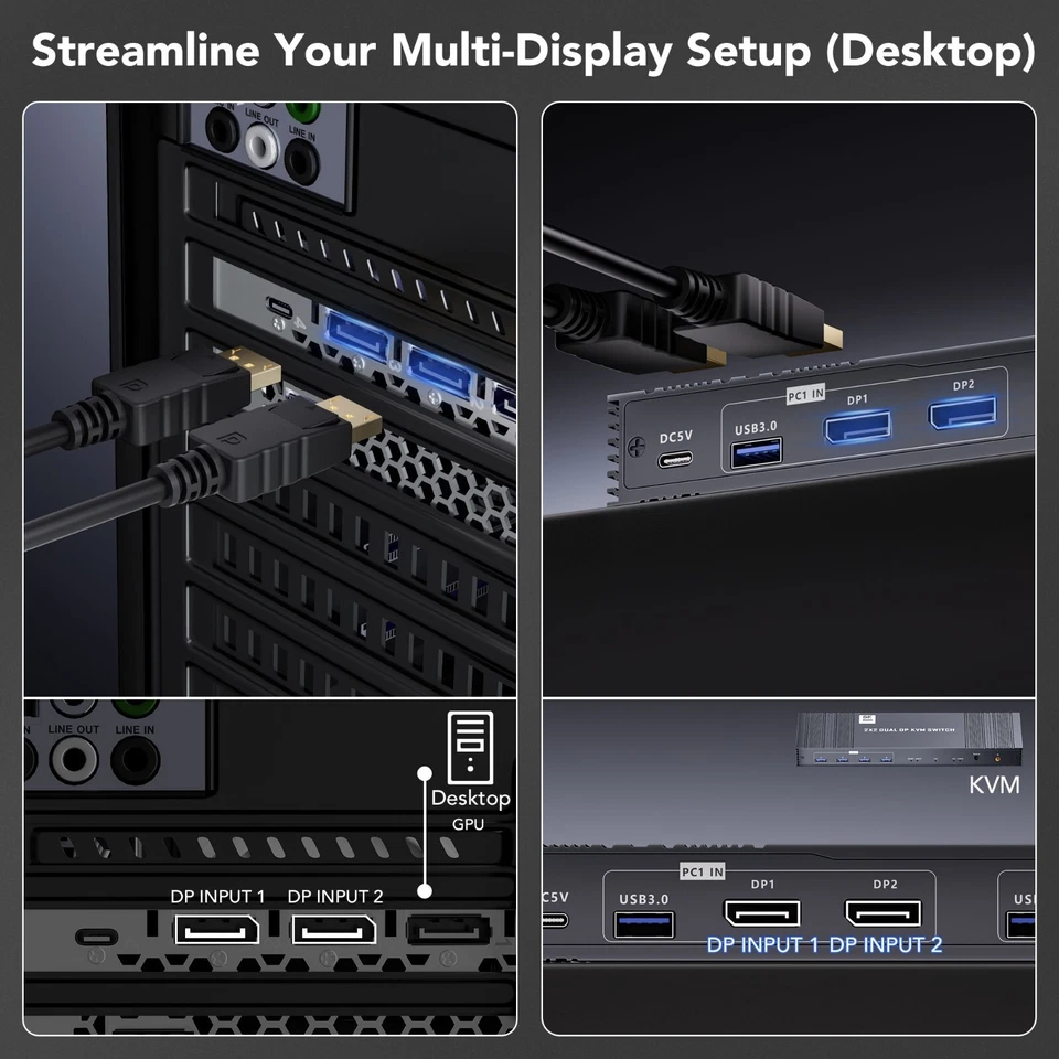 8K Dual Displayport KVM Switch 8K@60Hz 4K@120/144Hz 1080P@165Hz 2 PCs 2 Monitore - Bild 3 von 4