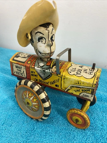 Rare VINTAGE 1950'S MILTON BERLE CRAZY CAR WINDUP TIN TOY WORKS
