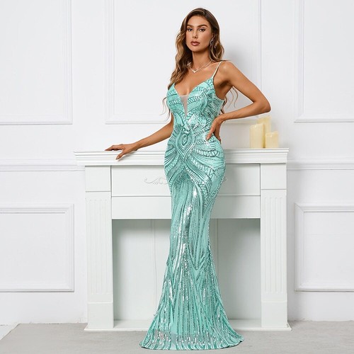 Women Strap Party Maxi Dress Sexy V Neck Evening Dress Sequin Long Prom Dress - Picture 18 of 27