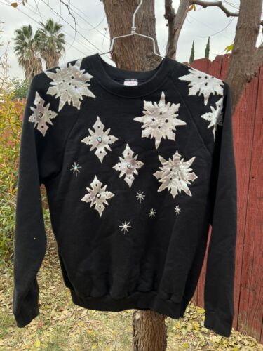 Vintage 80s 90s Black Snowflake Ugly Christmas Sweater Party Sweatshirt Holiday - Picture 1 of 12