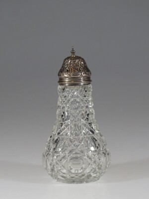 English Cut Glass Sugar Shaker Birmingham Sterling Floral Motif Lid c.1910