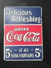 Coca-Cola Red White and Blue Tin Sign Faux Vintage "Delicious and Refreshing"