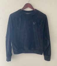 Victoria's Secret Black Velour Crewneck Sweatshirt XS V Logo Velvet Pullover  