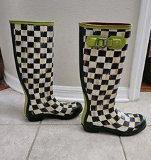 RARE COLLECTIBLE MACKENZIE CHILDS HUNTER COURTLY CHECK TALL RAIN BOOTS WELLIES 8