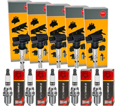 5x NGK Zündspule + CHAMPION Zündkerze für Ford Focus II DA_ HCP DP 2.5 ST