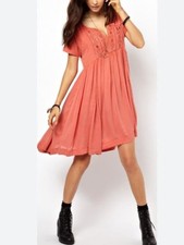 Free People Embellished Boho Babydoll Mini Dress Sz XS Coral Pockets Festival