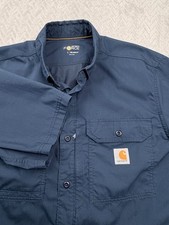Carhartt Force Shirt Mens Large Navy Blue Short Sleeve Button Down Relaxed Fit