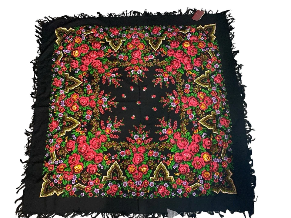 "Mantón de colección Pavlovo Posad flores de Rusia en tus hombros flecos de lana 57x57""" Foto 2 de 4