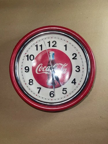 VINTAGE COCA-COLA RED METAL & CHROME RETRO WALL CLOCK DINER STYLE 9.5" Dont Work