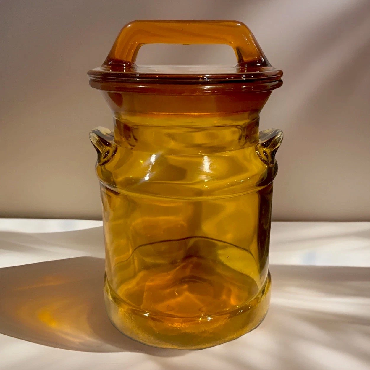 Beautiful~Vintage Amber Glass Canister Apothecary Jar w/ Lid