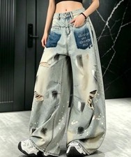 Women's Retro Blue Denim Jeans Straight Wide Leg Casual Pants Trousers Ripped