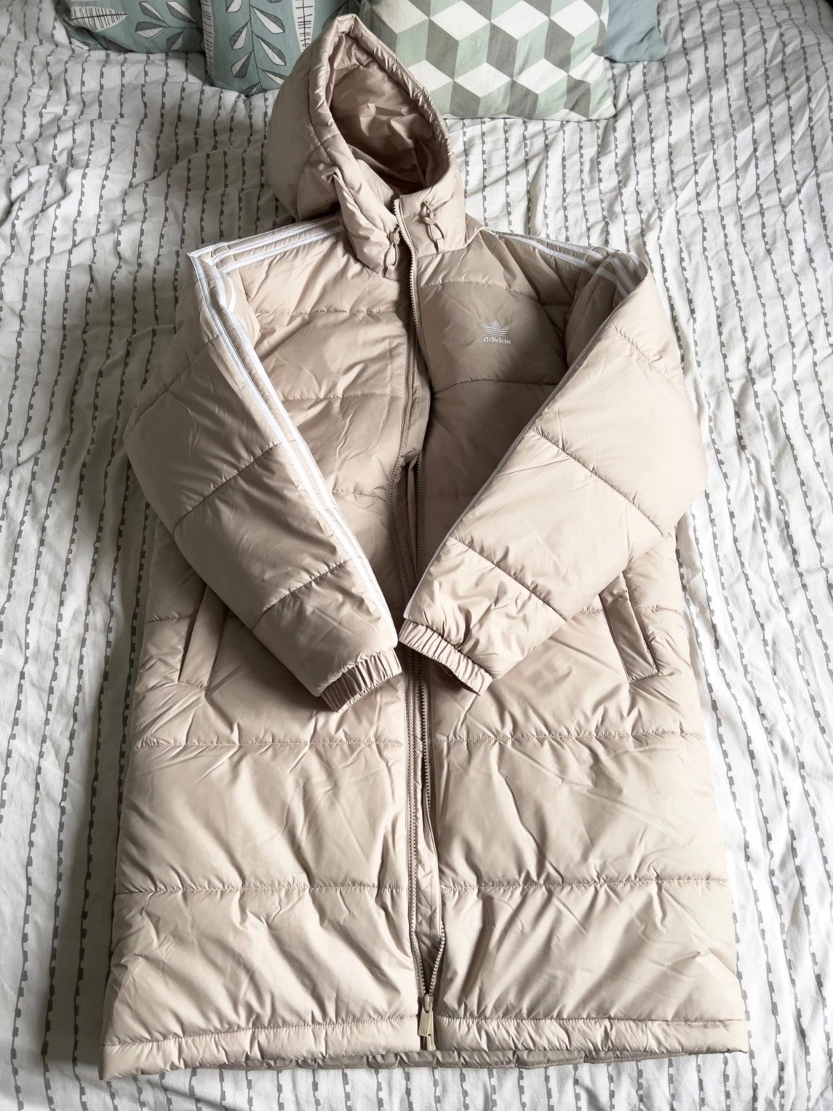 Adidas Originals 3 Stripe Hooded Long Puffer Jacket in Beige New With Tags
