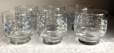 6er Set Arcopal France Romantik Blau Blumen Trinkgläser.