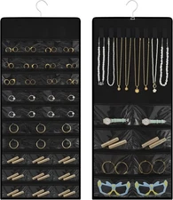 Hanging Jewelry Organizer with Multi-size pockets Double-Sided black 