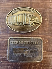  2 Vintage 1970  s "Keep On Truckin  Brass Belt Buckle Big Rig Semi FREE SHIP 