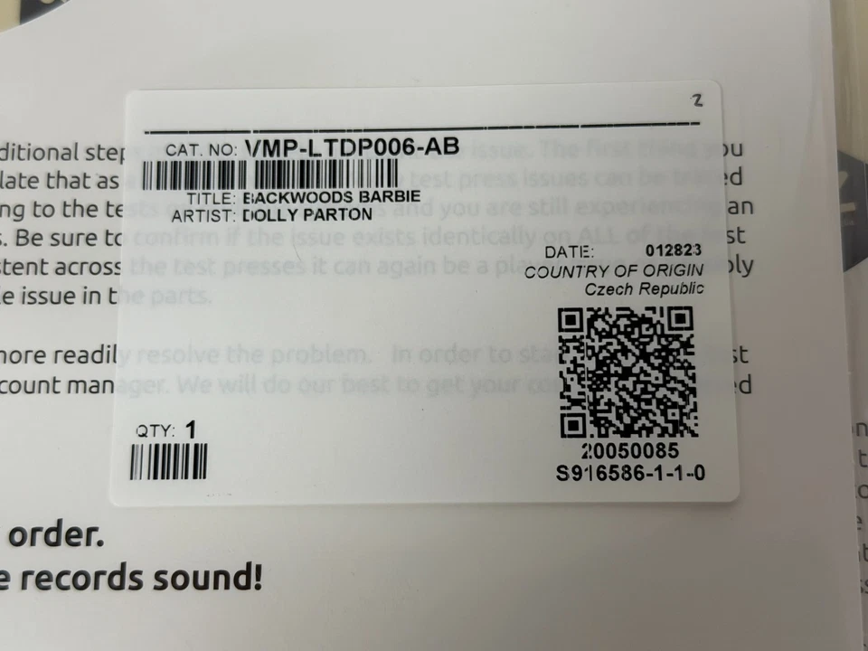 Dolly Parton – Backwoods Barbie | Vinyl Me Please Test Press White Label Promo - Image 2 of 4