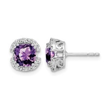 14k White Gold 6mm Cushion Amethyst and .10 Ct Diamond Halo Post Stud Earrings