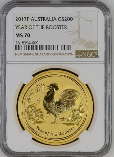 AUSTRALIA 2017  2OZ  GOLD LUNAR ROOSTER NGC MS70